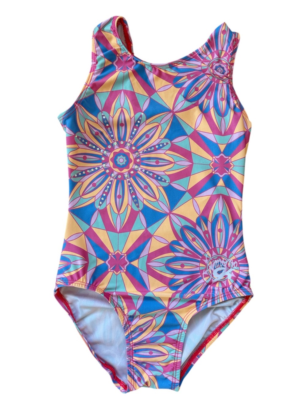 Girl’s Simone Biles GK Gymnastics Leotard - Pink/Blue/Peach Geometric Print Sz M